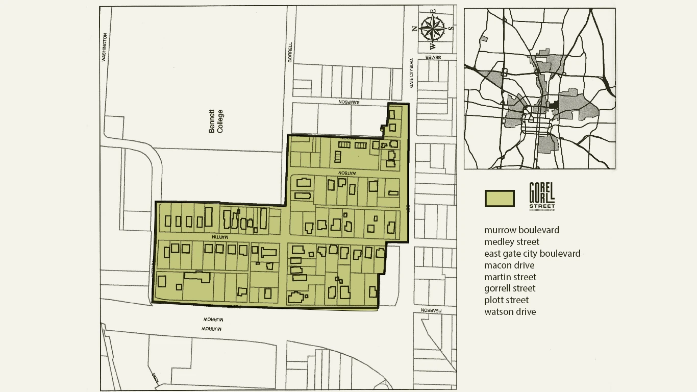 Map of the association’s area in Southeast Greensboro, shaded along Murrow Boulevard, Medley Street, East Gate City Boulevard, Macon Drive, Martin Street, Gorrell Street, Plott Street and Watson Drive